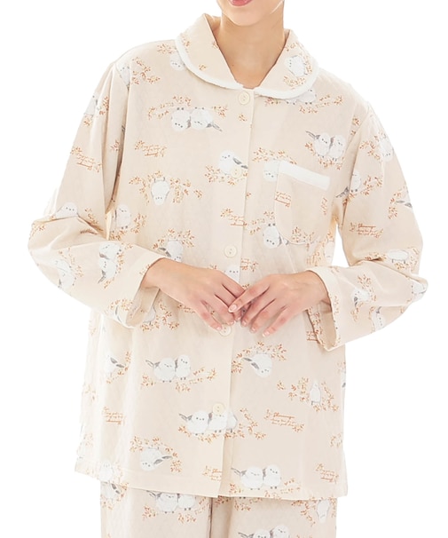 接結（綿入り）シマエナガシャツパジャマ 上下セット ルームウェア 部屋着 綿混 あったか 着心地がいい 動物柄 鳥 大人可愛い かわいい