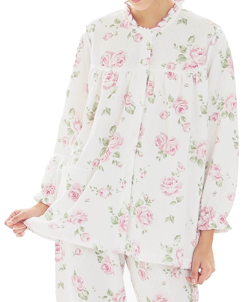 接結（綿入り）ローズフリルパジャマ 上下セット ルームウェア 部屋着 綿混 あったか 着心地がいい 花柄 バラ 大人可愛い 上品 エレガント