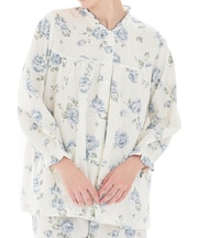 接結（綿入り）ローズフリルパジャマ 上下セット ルームウェア 部屋着 綿混 あったか 着心地がいい 花柄 バラ 大人可愛い 上品 エレガント