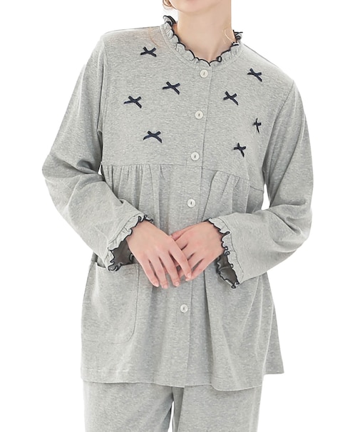 スムースムジリボンパジャマ 上下セット ルームウェア 部屋着 綿100％ やわらか 着心地がいい 無地 ベーシック 大人可愛い かわいい