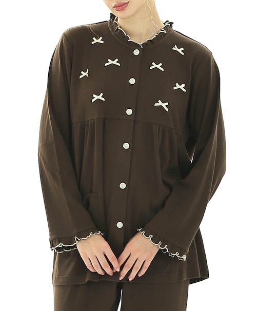 スムースムジリボンパジャマ 上下セット ルームウェア 部屋着 綿100% やわらか 着心地がいい 無地 ベーシック 大人可愛い かわいい