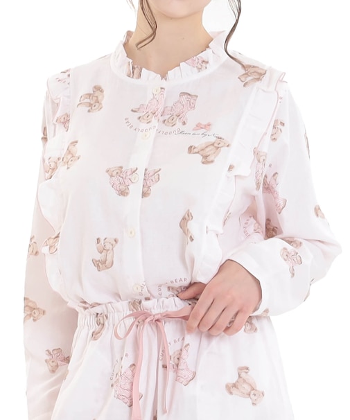 コットンダブルガーゼおやすみベアフリルパジャマ 上下セット ルームウェア 部屋着 綿100％ お肌に優しい やわらか 着心地がいい くま クマ 上品 大人可愛い かわいい おしゃれ