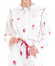 コットンスムースいちごフリルパジャマ 上下セット ルームウェア 部屋着 綿100％ お肌に優しい やわらか 着心地がいい いちご柄 上品 大人可愛い かわいい おしゃれ