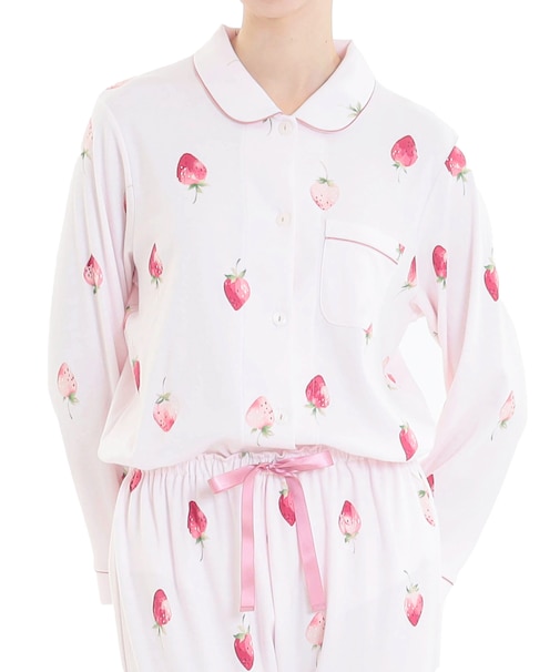 コットンスムースいちごシャツパジャマ 上下セット ルームウェア 部屋着 綿100% お肌に優しい やわらか 着心地がいい いちご柄 上品 大人可愛い かわいい おしゃれ
