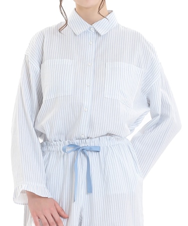 コットンダブルガーゼストライプシャツパジャマ 上下セット ルームウェア 部屋着 綿100％ お肌に優しい やわらか 着心地がいい エレガント きれいめ パールボタン 上品 大人可愛い かわいい おしゃれ