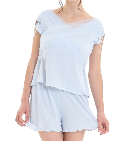 ルナ・チュールセットアップ 上下セット パジャマ ルームウェア 部屋着 やわらか 着心地がいい カシュクール 上品 大人可愛い かわいい おしゃれ 儚い ショートパンツ