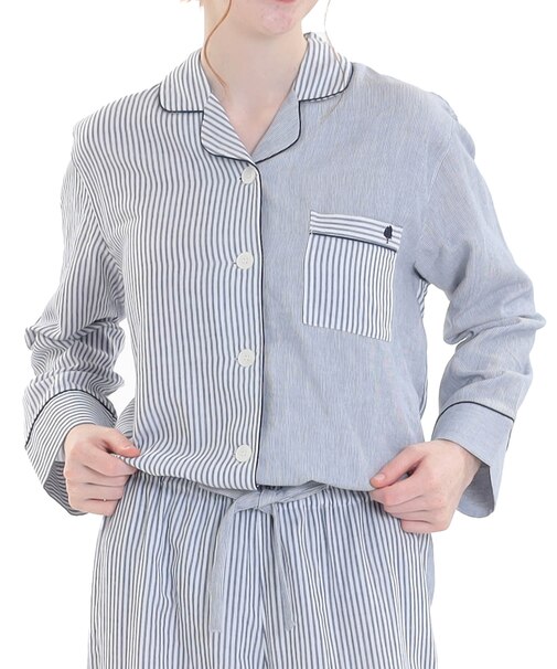 コットンダブルガーゼストライプテーラードパジャマ 上下セット ルームウェア 部屋着 綿100％ お肌に優しい やわらか 着心地がいい ベーシック 大人可愛い かわいい おしゃれ