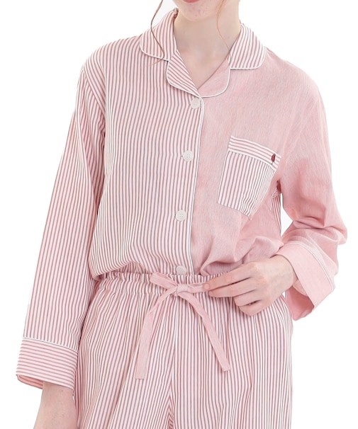 コットンダブルガーゼストライプテーラードパジャマ 上下セット ルームウェア 部屋着 綿100％ お肌に優しい やわらか 着心地がいい ベーシック 大人可愛い かわいい おしゃれ