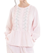 コットンダブルガーゼレーシーフリルペプラムパジャマ 上下セット ルームウェア 部屋着 綿100% お肌に優しい やわらか 着心地がいい いちご柄 レース 刺繍 上品 大人可愛い かわいい おしゃれ