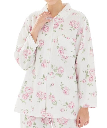 接結(綿入り)ローズシャツパジャマ 上下セット ルームウェア 部屋着 綿混 あったか 着心地がいい 花柄 バラ 大人可愛い 上品 エレガント