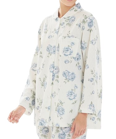 接結(綿入り)ローズシャツパジャマ 上下セット ルームウェア 部屋着 綿混 あったか 着心地がいい 花柄 バラ 大人可愛い 上品 エレガント