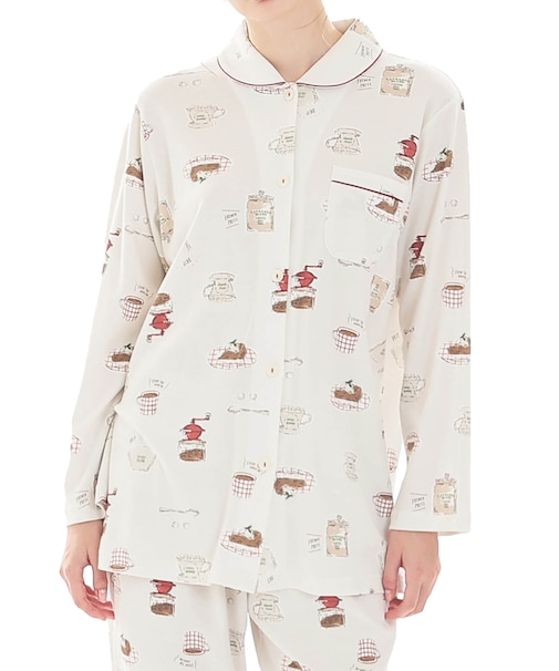 スムースコーヒーシャツパジャマ 上下セット ルームウェア 部屋着 綿100％ やわらか 着心地がいい 大人可愛い かわいい ほっこり