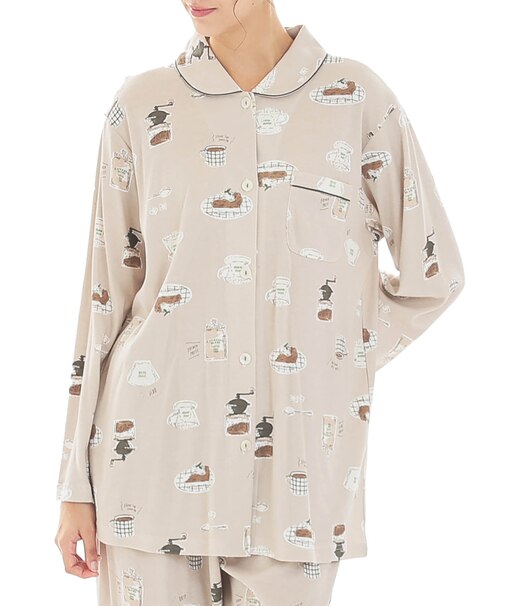 スムースコーヒーシャツパジャマ 上下セット ルームウェア 部屋着 綿100％ やわらか 着心地がいい 大人可愛い かわいい ほっこり