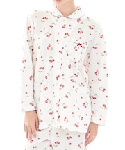 接結（綿入り）チェリーシャツパジャマ 上下セット 部屋着 綿混 あったか 着心地がいい さくらんぼ フルーツ柄 大人可愛い かわいい