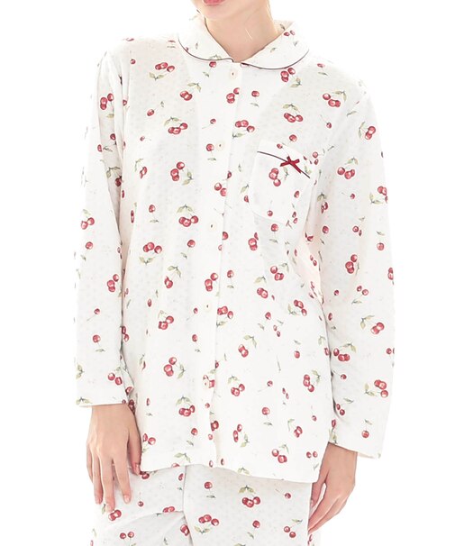 接結（綿入り）チェリーシャツパジャマ 上下セット 部屋着 綿混 あったか 着心地がいい さくらんぼ フルーツ柄 大人可愛い かわいい