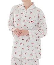 接結（綿入り）チェリーシャツパジャマ 上下セット 部屋着 綿混 あったか 着心地がいい さくらんぼ フルーツ柄 大人可愛い かわいい