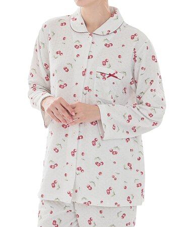 接結(綿入り)チェリーシャツパジャマ 上下セット 部屋着 綿混 あったか 着心地がいい さくらんぼ フルーツ柄 大人可愛い かわいい