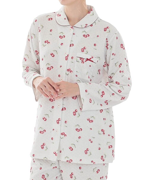 接結(綿入り)チェリーシャツパジャマ 上下セット 部屋着 綿混 あったか 着心地がいい さくらんぼ フルーツ柄 大人可愛い かわいい