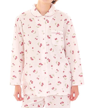 接結（綿入り）チェリーシャツパジャマ 上下セット 部屋着 綿混 あったか 着心地がいい さくらんぼ フルーツ柄 大人可愛い かわいい