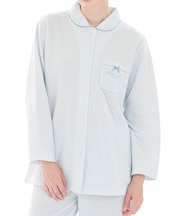 接結（綿入り）ストライプシャツパジャマ 上下セット ルームウェア 部屋着 綿混 あったか 着心地がいい ストライプ柄 大人可愛い かわいい さわやか リボン