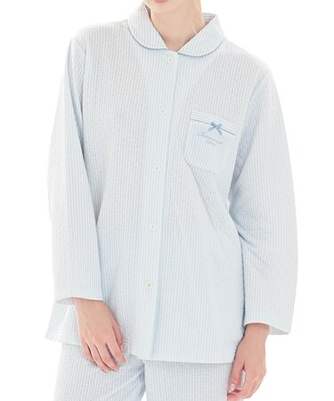 接結（綿入り）ストライプシャツパジャマ 上下セット ルームウェア 部屋着 綿混 あったか 着心地がいい ストライプ柄 大人可愛い かわいい さわやか リボン