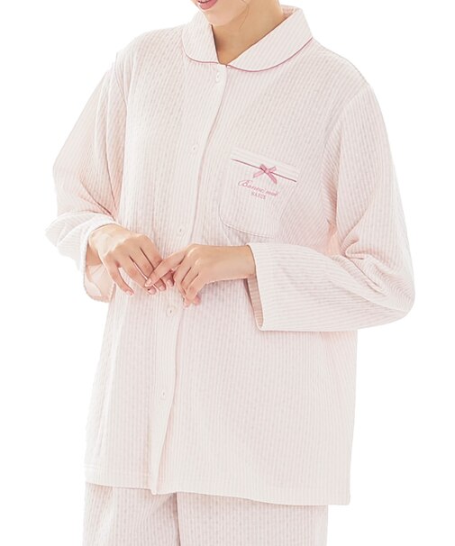 接結（綿入り）ストライプシャツパジャマ 上下セット ルームウェア 部屋着 綿混 あったか 着心地がいい ストライプ柄 大人可愛い かわいい さわやか リボン