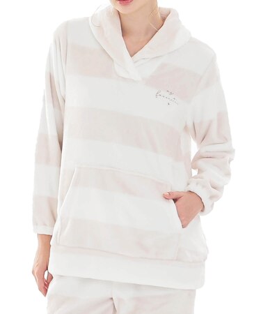 スノーパウダーボーダーショールカラーパジャマ 上下セット ルームウェア 部屋着 もこもこ ふわもこ 厚手 あったか 着心地がいい ボーダー柄 大人可愛い かわいい