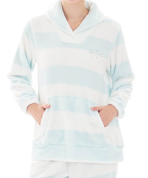 スノーパウダーボーダーショールカラーパジャマ 上下セット ルームウェア 部屋着 もこもこ ふわもこ 厚手 あったか 着心地がいい ボーダー柄 大人可愛い かわいい