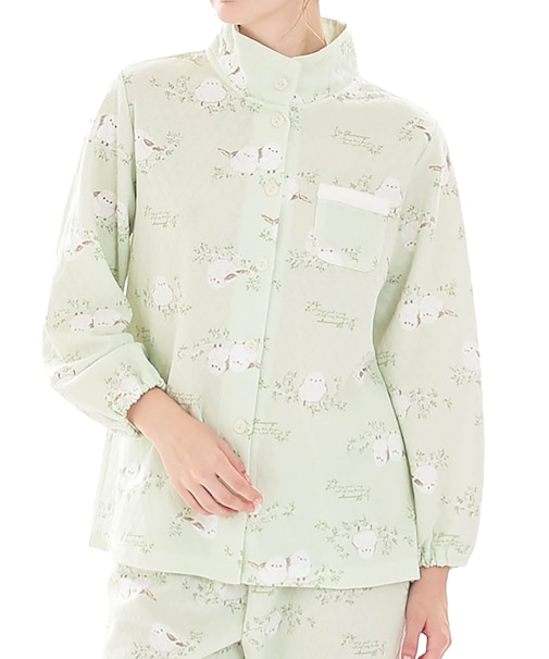 接結(綿入り)シマエナガスタンドカラーパジャマ 上下セット ルームウェア 部屋着 綿混 あったか 着心地がいい 動物柄 鳥 大人可愛い かわいい