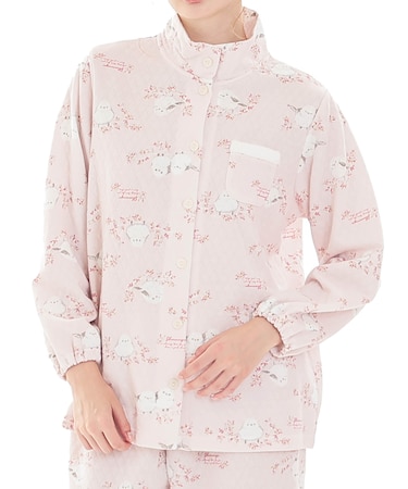 接結（綿入り）シマエナガスタンドカラーパジャマ 上下セット ルームウェア 部屋着 綿混 あったか 着心地がいい 動物柄 鳥 大人可愛い かわいい