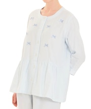 ダブルガーゼムジリボンペプラム7分袖パジャマ 上下セット ルームウェア 部屋着 綿100％ お肌に優しい やわらか 着心地がいい 無地 ベーシック 上品 かわいい 大人可愛い おしゃれ