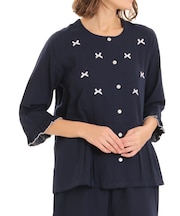 ダブルガーゼムジリボンペプラム7分袖パジャマ 上下セット ルームウェア 部屋着 綿100％ お肌に優しい やわらか 着心地がいい 無地 ベーシック 上品 かわいい 大人可愛い おしゃれ