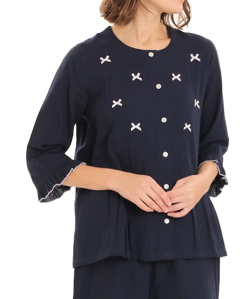 ダブルガーゼムジリボンペプラム7分袖パジャマ 上下セット ルームウェア 部屋着 綿100％ お肌に優しい やわらか 着心地がいい 無地 ベーシック 上品 かわいい 大人可愛い おしゃれ