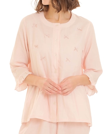 ダブルガーゼムジリボンペプラム7分袖パジャマ 上下セット ルームウェア 部屋着 綿100％ お肌に優しい やわらか 着心地がいい 無地 ベーシック 上品 かわいい 大人可愛い おしゃれ