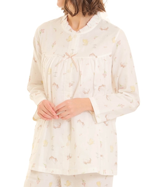 ダブルガーゼプティラパンフリルパジャマ 上下セット ルームウェア 部屋着 綿100% お肌に優しい やわらか 着心地がいい うさぎ柄 上品 かわいい 大人可愛い おしゃれ