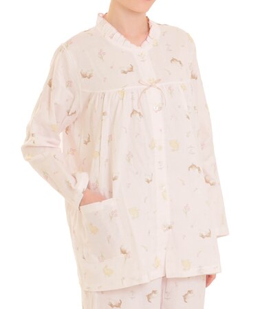 ダブルガーゼプティラパンフリルパジャマ 上下セット ルームウェア 部屋着 綿100% お肌に優しい やわらか 着心地がいい うさぎ柄 上品 かわいい 大人可愛い おしゃれ