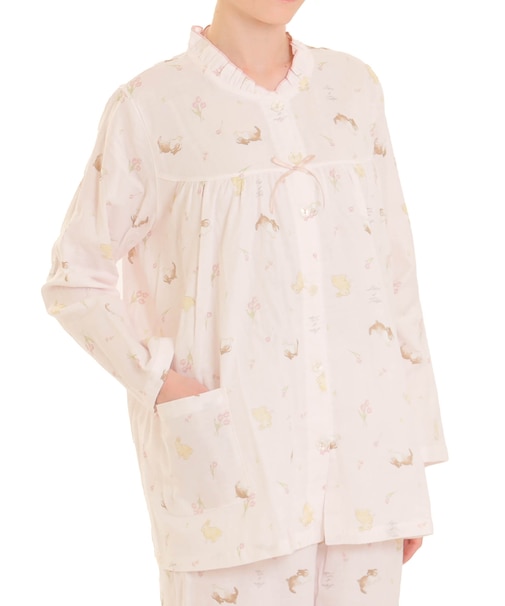 ダブルガーゼプティラパンフリルパジャマ 上下セット ルームウェア 部屋着 綿100% お肌に優しい やわらか 着心地がいい うさぎ柄 上品 かわいい 大人可愛い おしゃれ