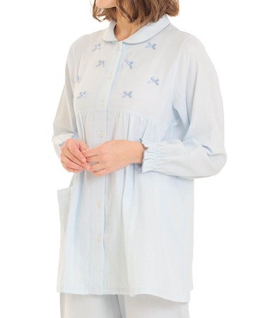 ダブルガーゼムジリボンシャツパジャマ 上下セット ルームウェア 部屋着 綿100％ お肌に優しい やわらか 着心地がいい 無地 ベーシック 上品 かわいい 大人可愛い おしゃれ