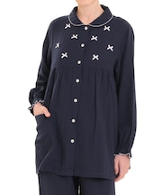 ダブルガーゼムジリボンシャツパジャマ 上下セット ルームウェア 部屋着 綿100% お肌に優しい やわらか 着心地がいい 無地 ベーシック 上品 かわいい 大人可愛い おしゃれ