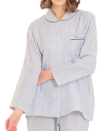 ダブルガーゼシンプルストライプシャツパジャマ 上下セット ルームウェア 部屋着 綿100％ お肌に優しい やわらか 着心地がいい ストライプ ベーシック 上品 かわいい 大人可愛い おしゃれ