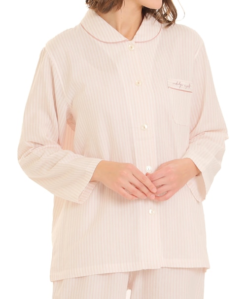 ダブルガーゼシンプルストライプシャツパジャマ 上下セット ルームウェア 部屋着 綿100% お肌に優しい やわらか 着心地がいい ストライプ ベーシック 上品 かわいい 大人可愛い おしゃれ