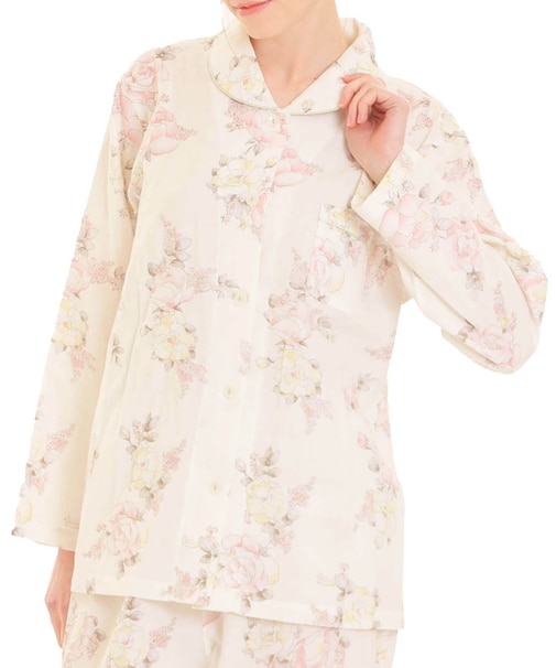 ダブルガーゼローズシャツパジャマ 上下セット ルームウェア 部屋着 綿100％ お肌に優しい やわらか 着心地がいい 花柄 バラ 上品 かわいい 大人可愛い おしゃれ