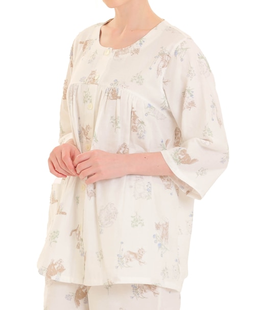 ダブルガーゼキャット7分袖パジャマ 上下セット ルームウェア 部屋着 綿100% お肌に優しい やわらか 着心地がいい 猫柄 猫好き 上品 かわいい 大人可愛い おしゃれ