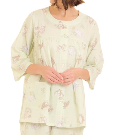 ダブルガーゼキャット7分袖パジャマ 上下セット ルームウェア 部屋着 綿100% お肌に優しい やわらか 着心地がいい 猫柄 猫好き 上品 かわいい 大人可愛い おしゃれ