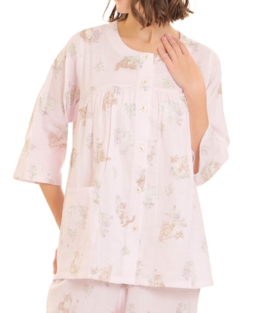 ダブルガーゼキャット7分袖パジャマ 上下セット ルームウェア 部屋着 綿100% お肌に優しい やわらか 着心地がいい 猫柄 猫好き 上品 かわいい 大人可愛い おしゃれ