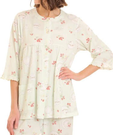 天竺ストロベリー7分袖パジャマ 上下セット ルームウェア 部屋着 綿100％ お肌に優しい やわらか 着心地がいい いちご 食器 上品 かわいい 大人可愛い おしゃれ