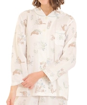 ダブルガーゼキャットシャツパジャマ 上下セット ルームウェア 部屋着 綿100％ お肌に優しい やわらか 着心地がいい 猫柄 猫好き 上品 かわいい 大人可愛い おしゃれ