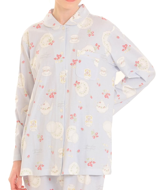 天竺ストロベリーカトラリーシャツパジャマ 上下セット ルームウェア 部屋着 綿100％ お肌に優しい やわらか 着心地がいい いちご 食器 上品 かわいい 大人可愛い おしゃれ