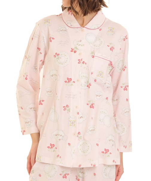 天竺ストロベリーカトラリーシャツパジャマ 上下セット ルームウェア 部屋着 綿100% お肌に優しい やわらか 着心地がいい いちご 食器 上品 かわいい 大人可愛い おしゃれ