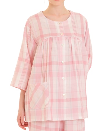 ダブルガーゼマドラスチェック7分袖パジャマ 上下セット ルームウェア 部屋着 綿100％ お肌に優しい やわらか 着心地がいい チェック柄 ベーシック 上品 かわいい 大人可愛い おしゃれ